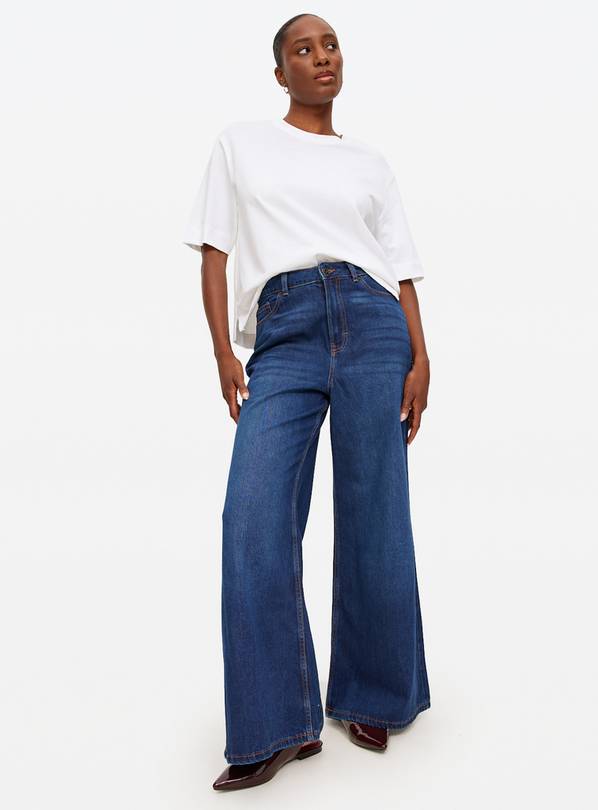 Dark Rinse Palazzo Flared Leg Denim Jeans 14L